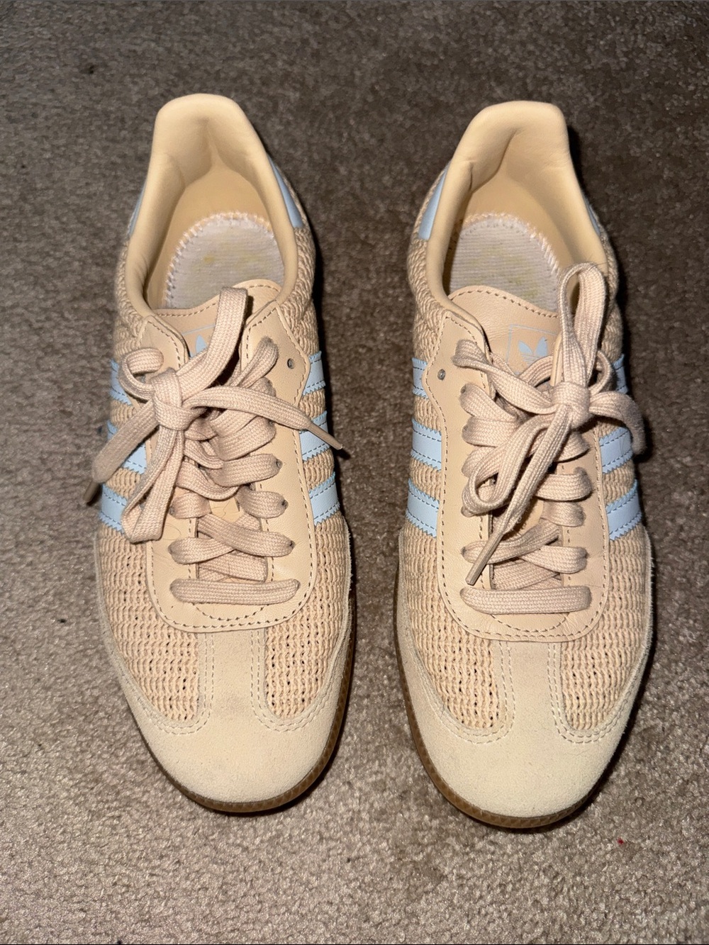adidas sambas Women's Beige Knit  with Light Blue Stripes